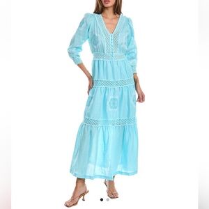 Tyler Boe Celia Linen Maxi Dress with lace & embroidery S Capri Blue